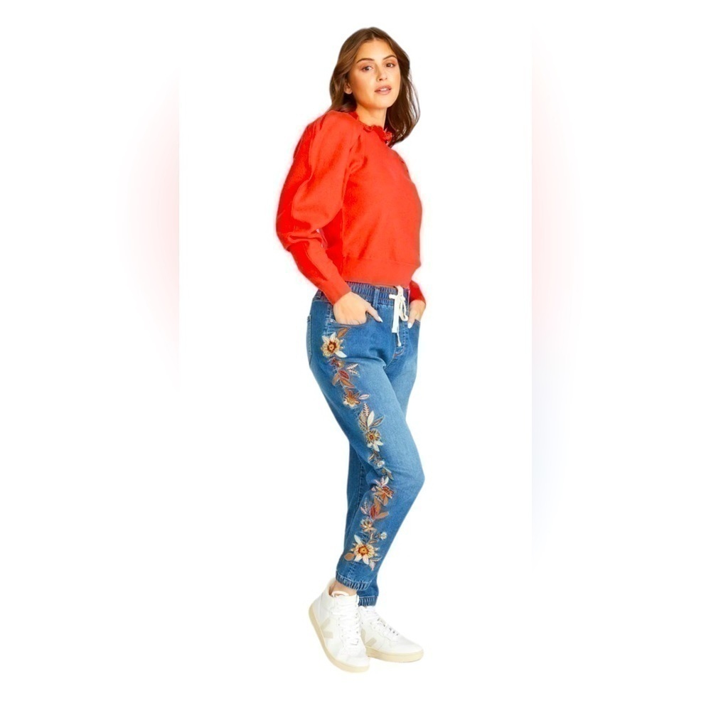 Driftwood x Free People Feathery Leaf Drawstring Denim Joggers embroidery
